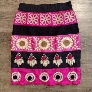 Leifsdottir Anthropologie Skirt Embroidered Pink Black Boho Festival 2P